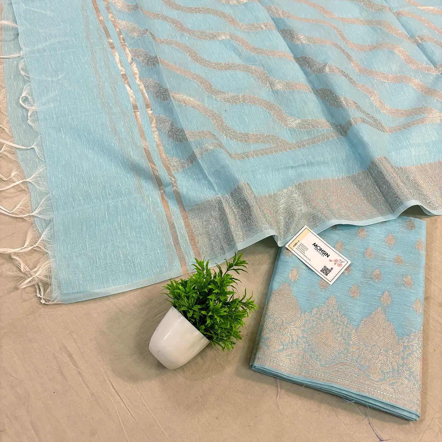 Firozi Golden Zari Linen Silk Banarasi Suit