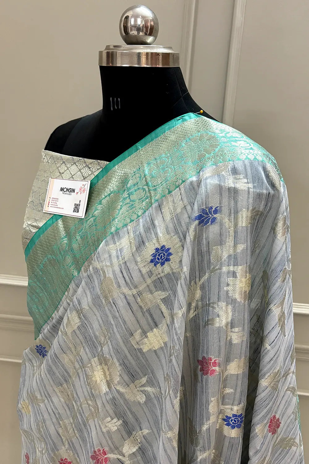 Grey and Sea Green Golden Zari Tussar Silk Banarasi Saree