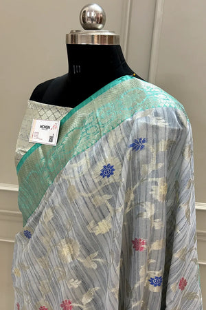 Grey and Sea Green Golden Zari Tussar Silk Banarasi Saree