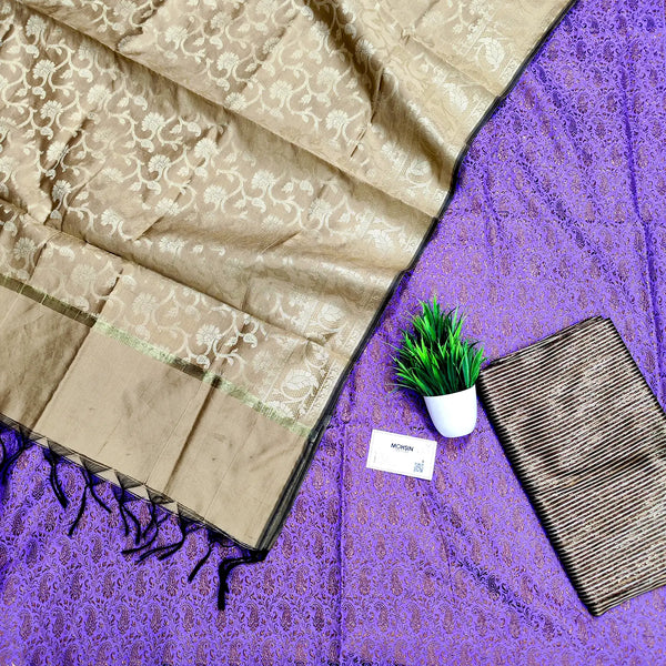Lavender and Beige Shimmer Silk Banarasi Suit