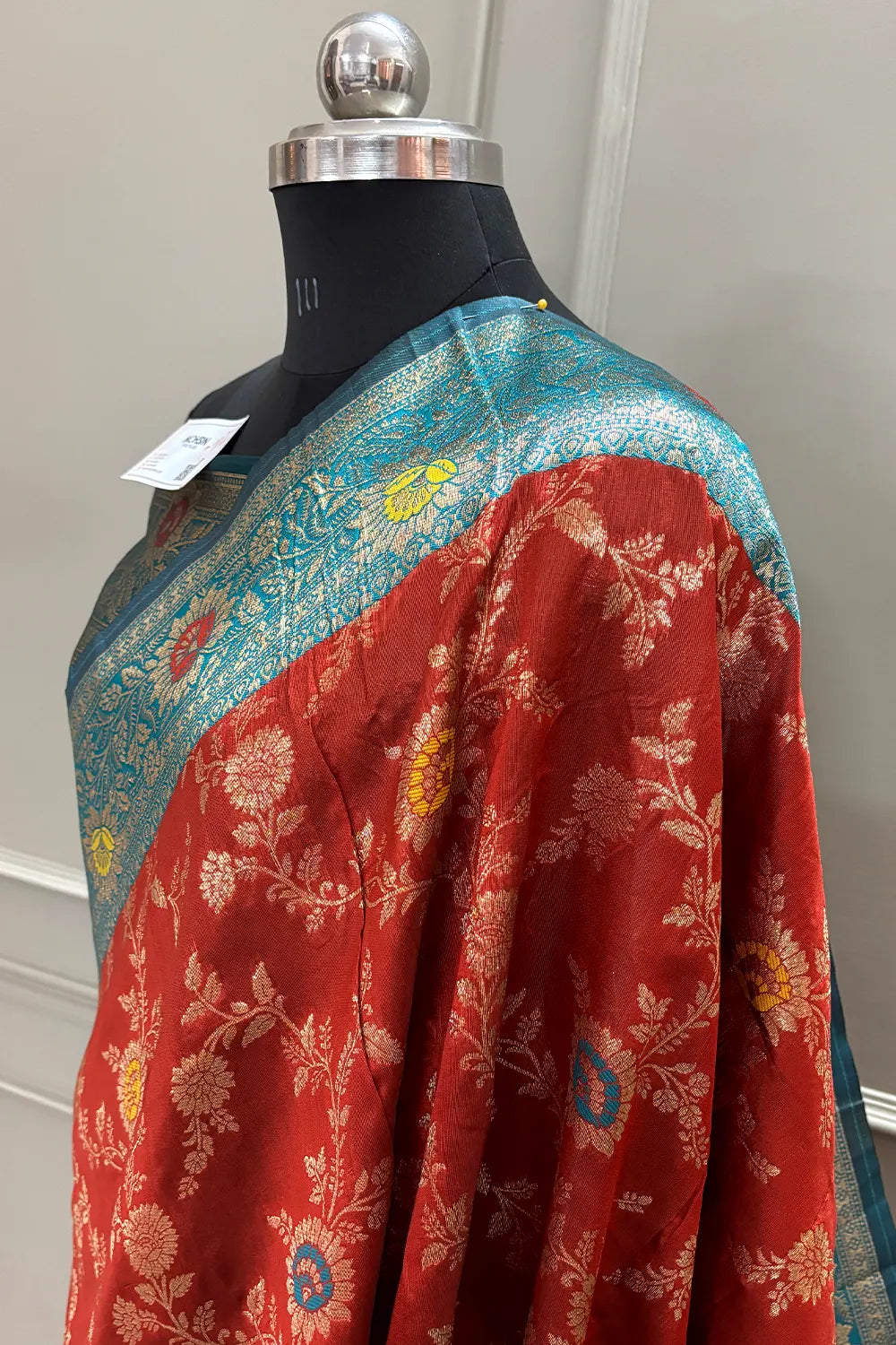 Maroon and Teal Golden Zari Silky Banarasi Saree