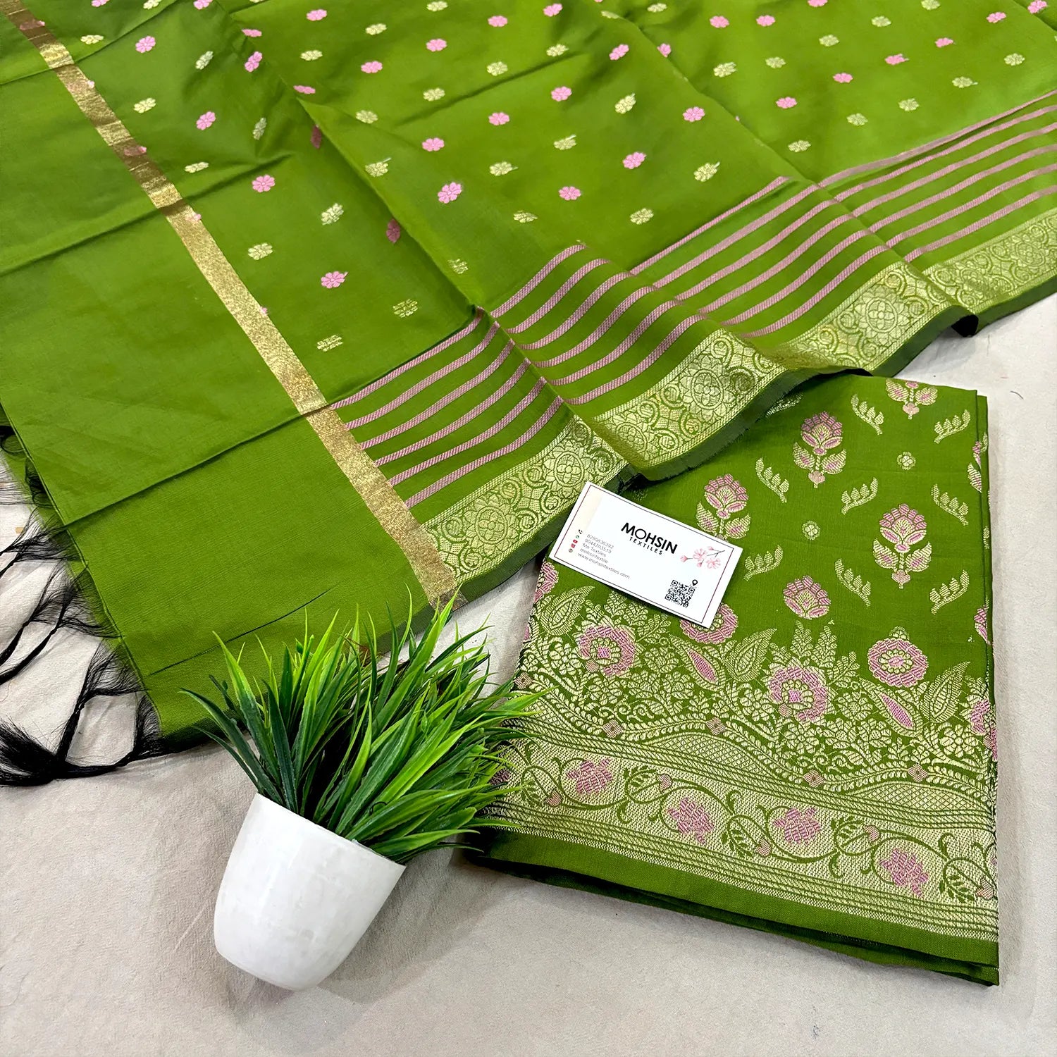 Mehendi Golden Zari Satin Silk Banarasi Suit