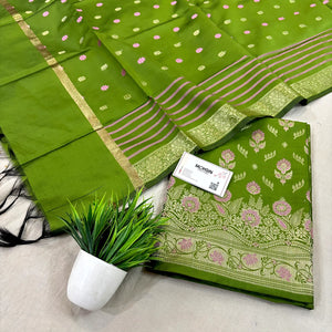 Mehendi Golden Zari Satin Silk Banarasi Suit