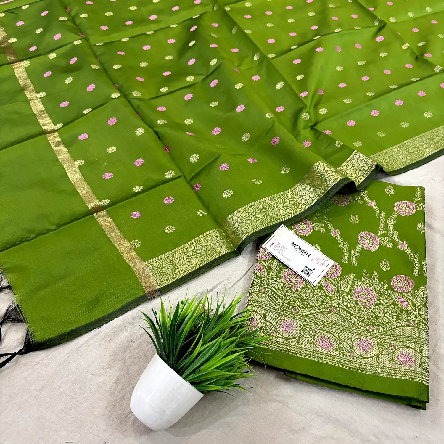 Mehendi Golden Zari Satin Silk Banarasi Suit