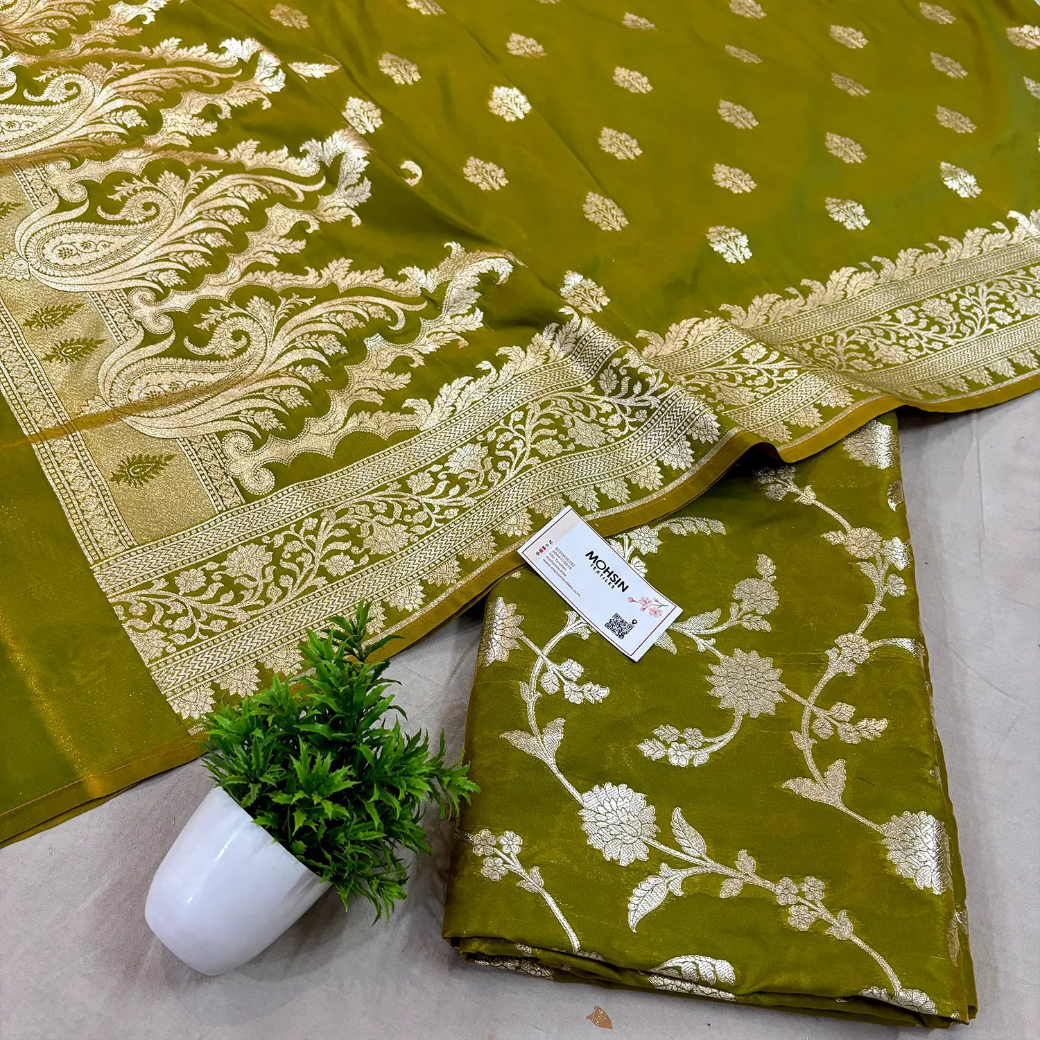 Mehendi Golden Zari Katan Silk Banarasi Suit