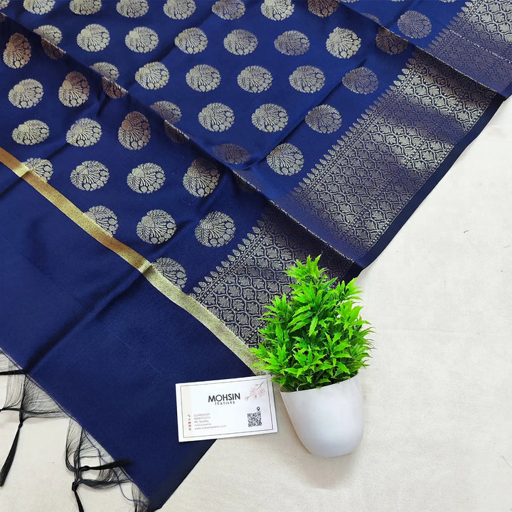 Navy Blue Golden Zari Satin Silk Banarasi Dupatta