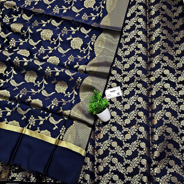 Navy Blue Golden Zari Satin Silk Banarasi Suit