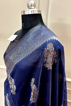 Navy Blue Resham Zari Cotton Silk Banarasi Saree