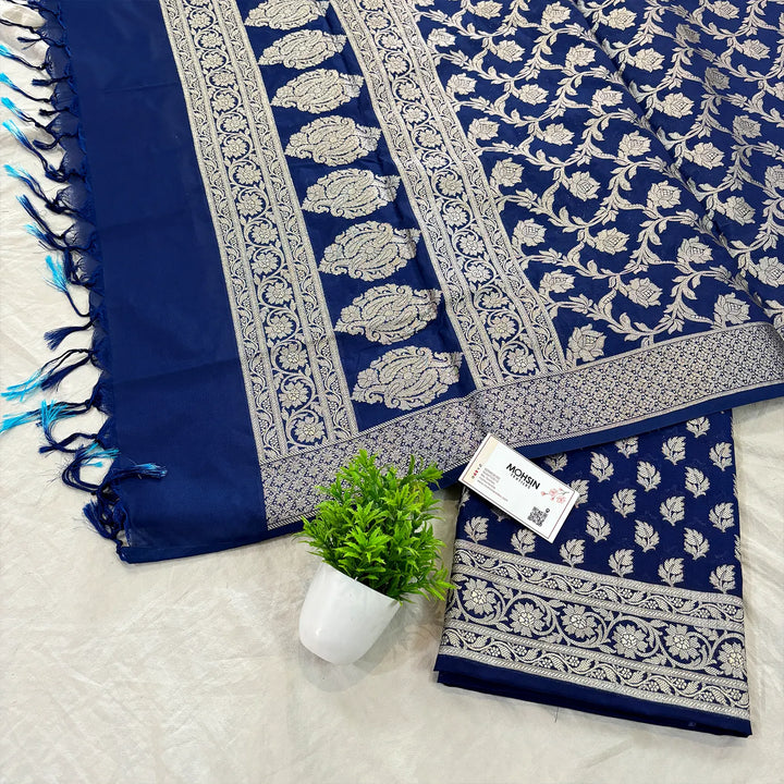 Navy Blue Tedhi Patti Katan Silk Banarasi Suit