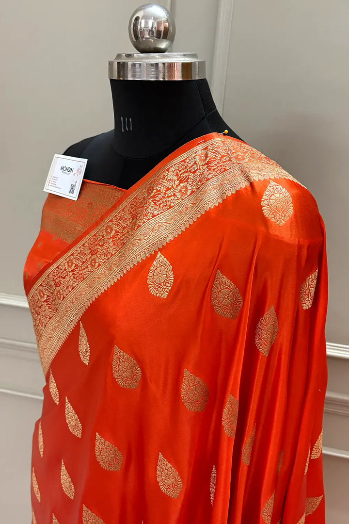 Orange Badami Buta Katan Silk Banarasi Saree