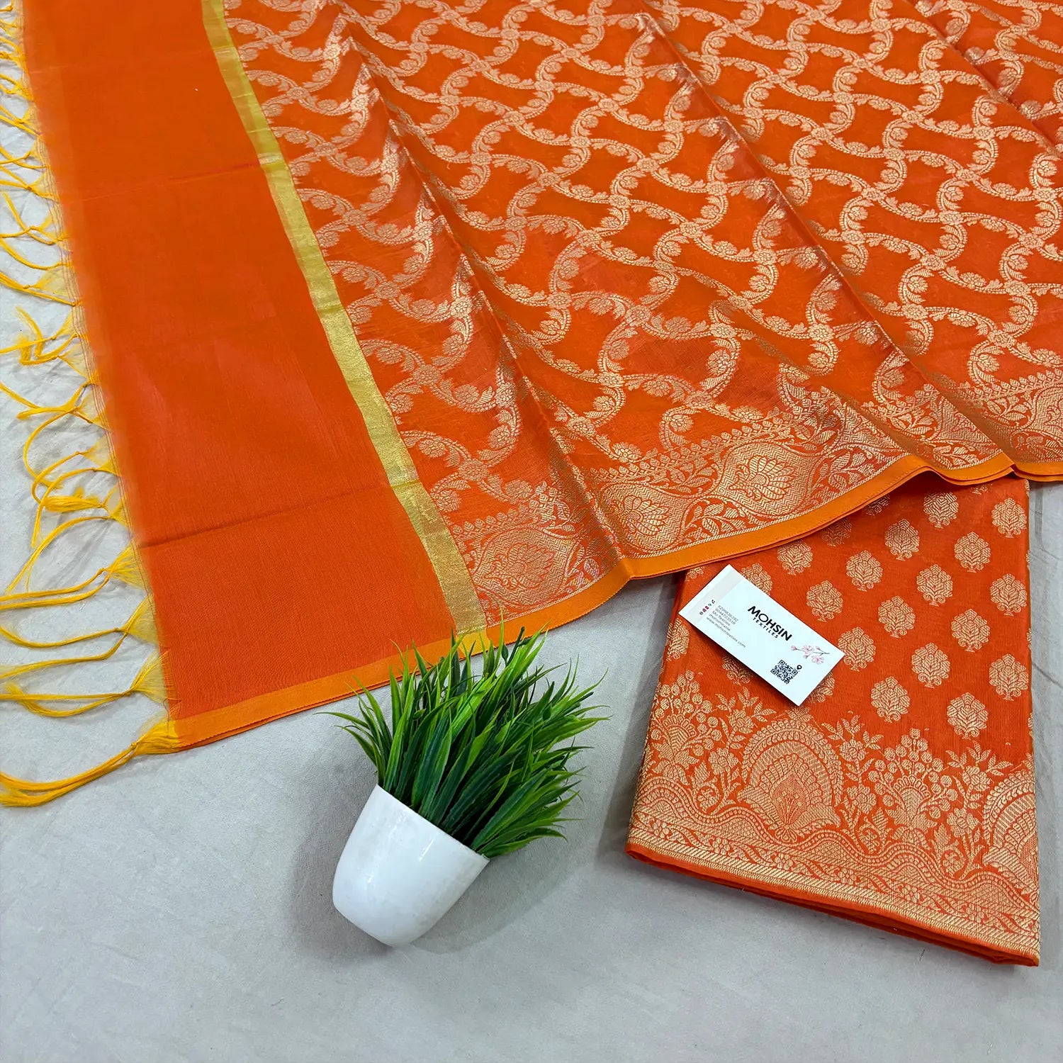 Orange Golden Zari Resham Silk Banarasi Suit