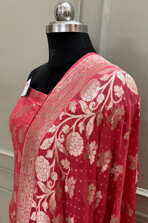 Peach Golden Zari Pure Georgette Silk Banarasi Suit