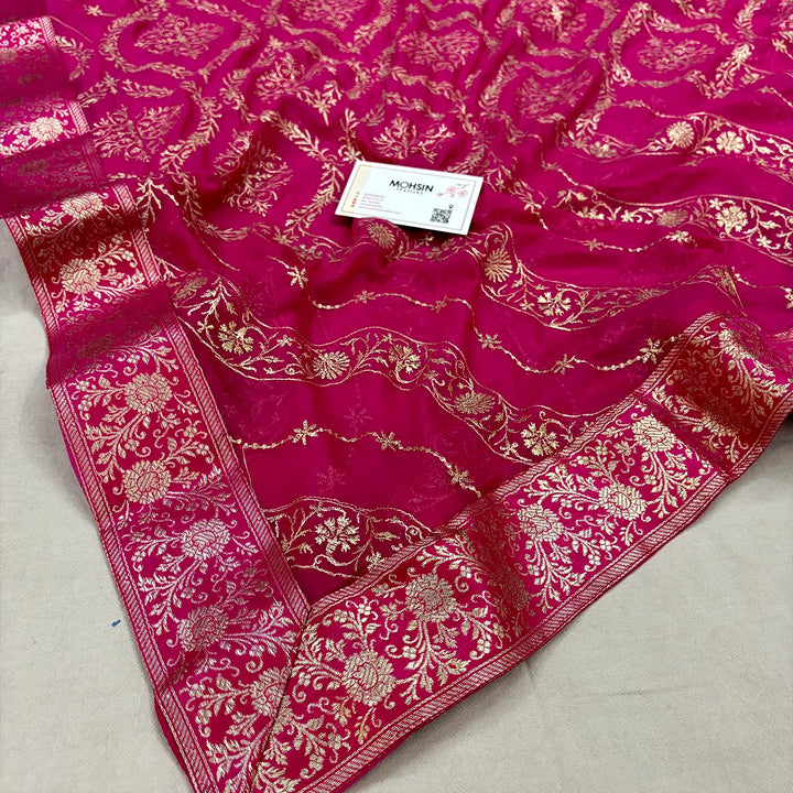 Pink Golden Zari Kimkhab Silk Banarasi Gharara