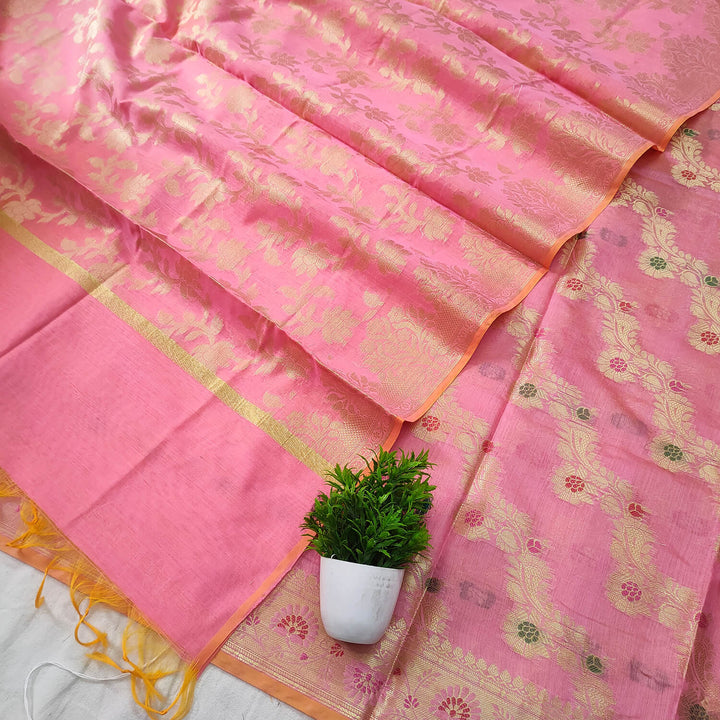 Pink Laheriya Golden Zari Banarasi Silk Salwar Suit