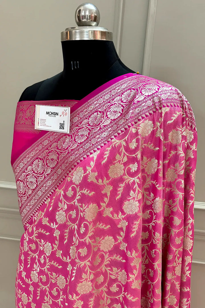 Pink and Rani Gulabi Jaal Katan Silk Banarasi Saree