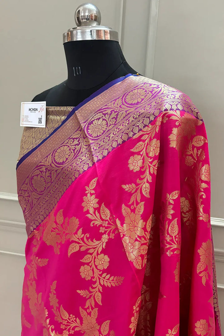 Pink and Royal Blue Bharama Jaal Satin Silk Banarasi Saree