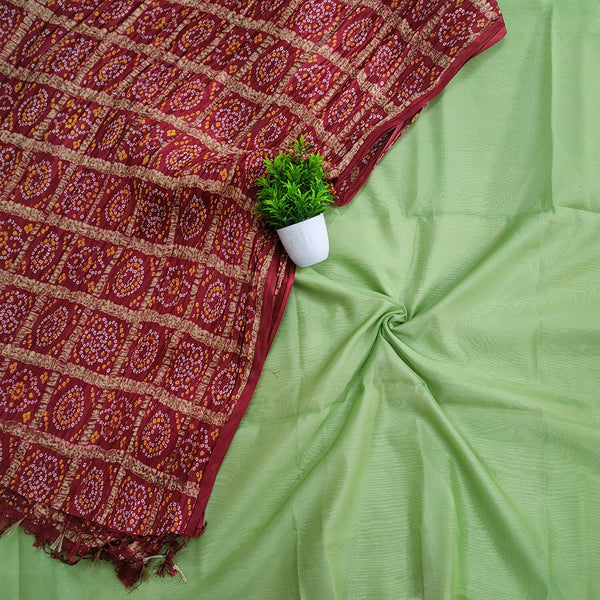 Pista Plain Banarasi Silk Suit With Bandhej Printed Dupatta