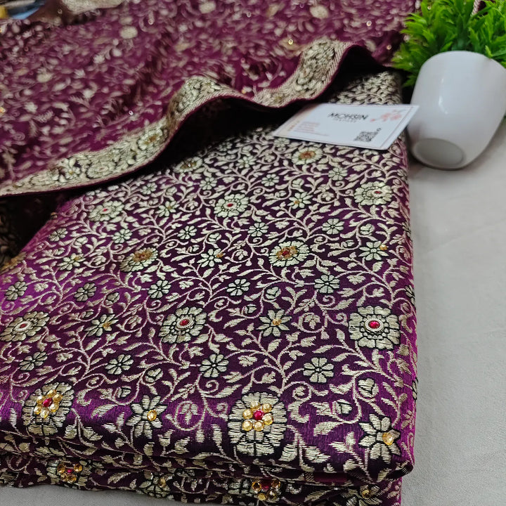 Purple Stone Work Kimkhab Silk Banarasi Gharara