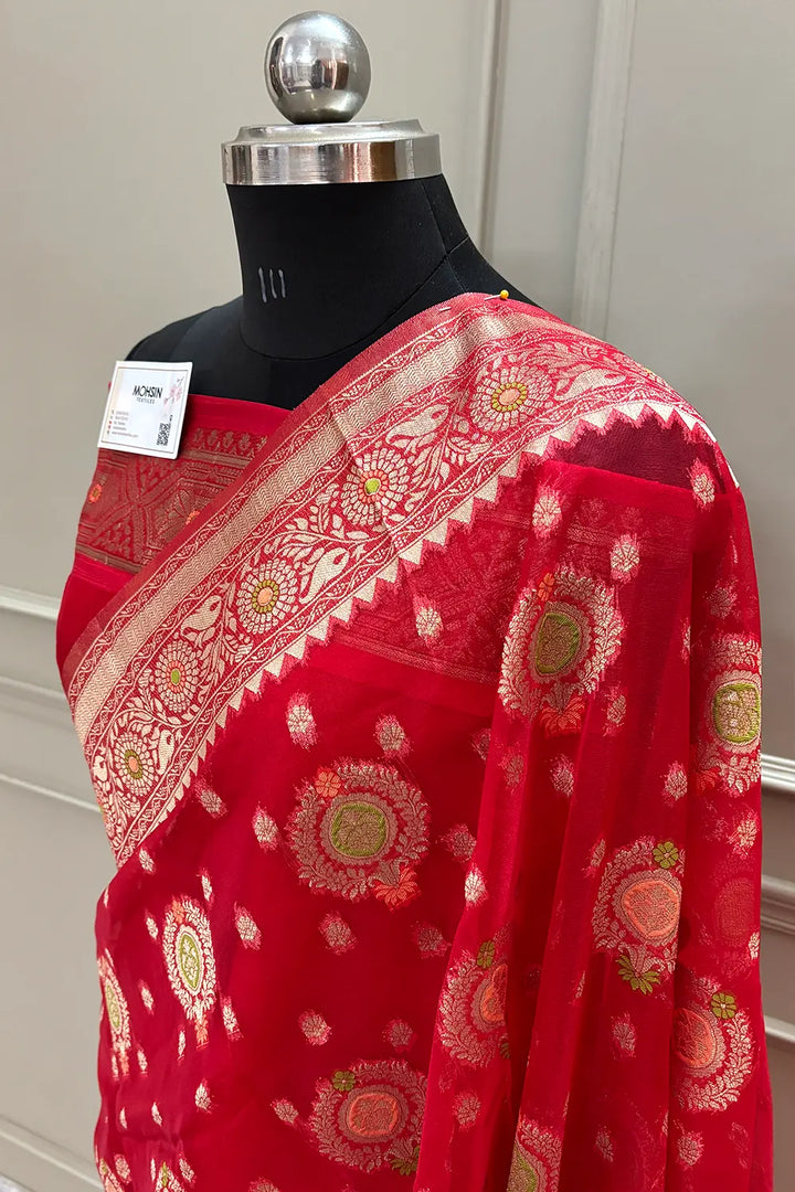 Red Golden Zari Organza Silk Banarasi Saree