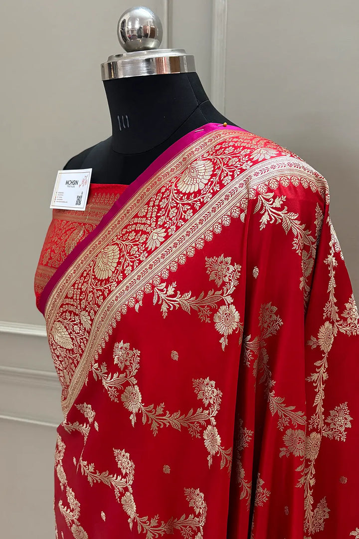 Red Papakipari Katan Silk Banarasi Saree