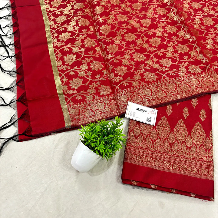 Red Parvat Buti Satin Silk Banarasi Suit