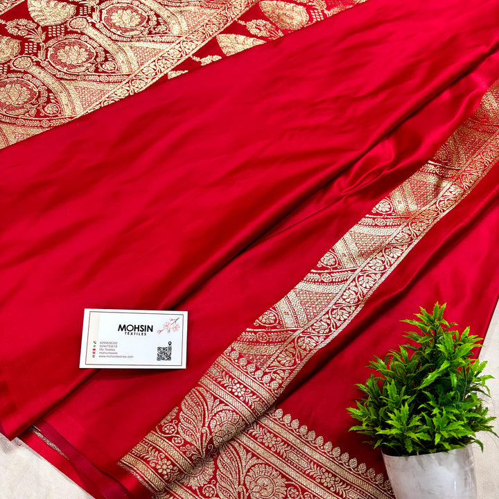 Red Plain Golden Zari Katan Silk Banarasi Saree