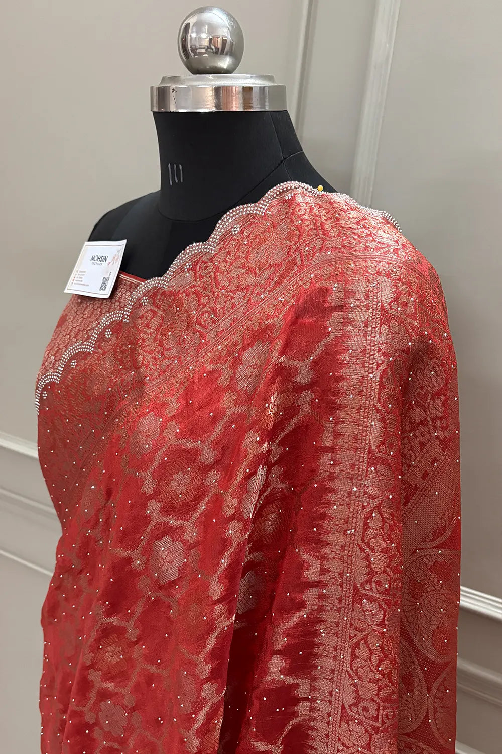 Red Resham Zari Siroski Stone Cotton Silk Banarasi Saree