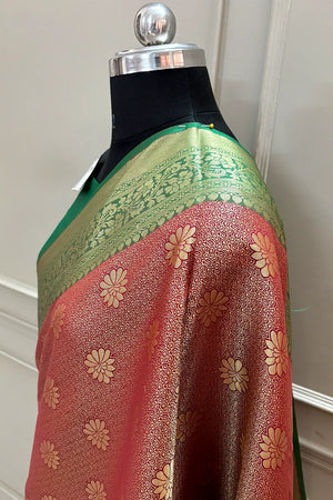 Red and Green Brocade Banarasi Silk Saree