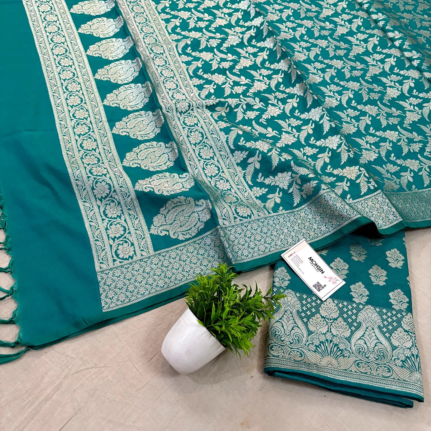 Teal Golden Zari Katan Silk Banarasi Suit