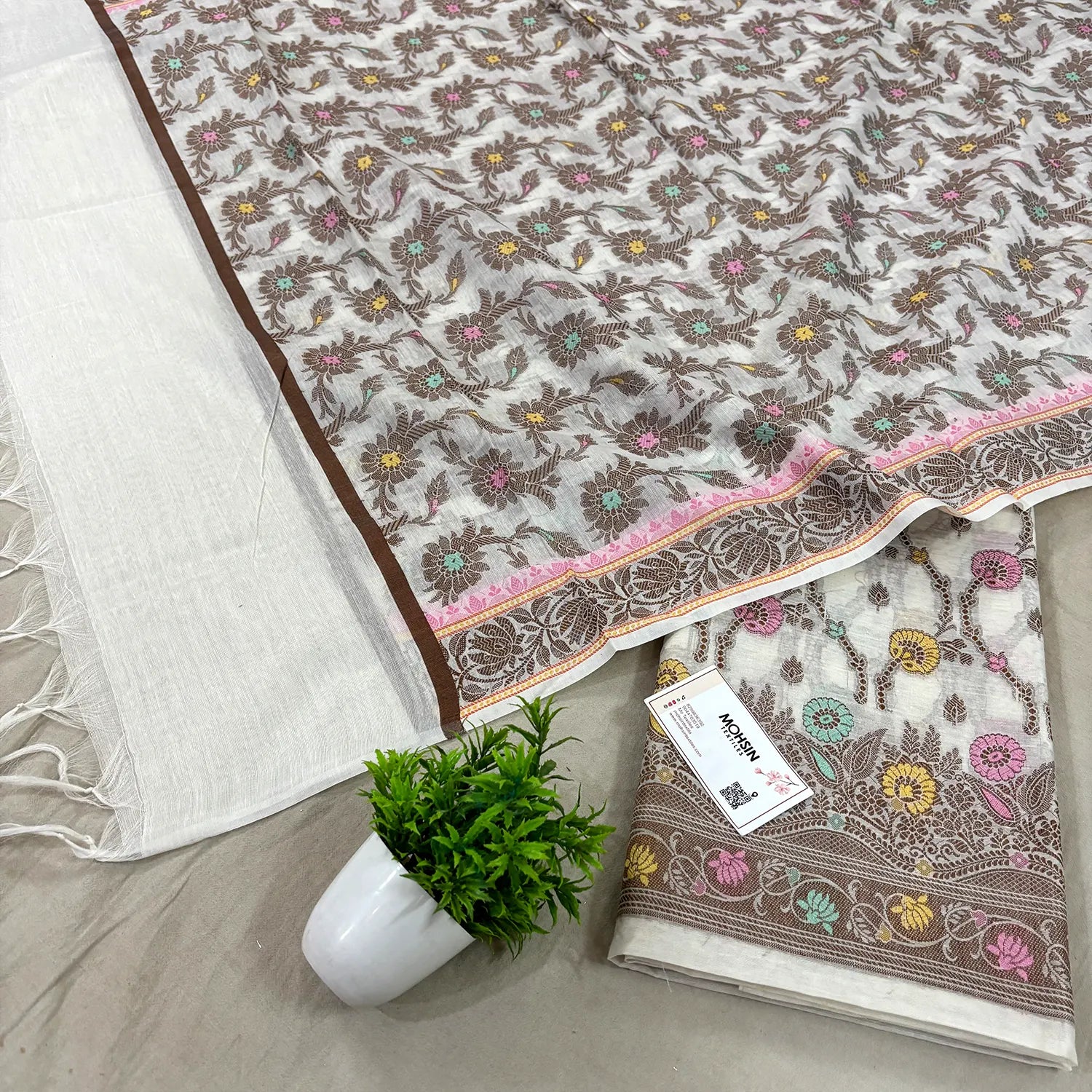 White Resham Zari Banarasi Silk Suit