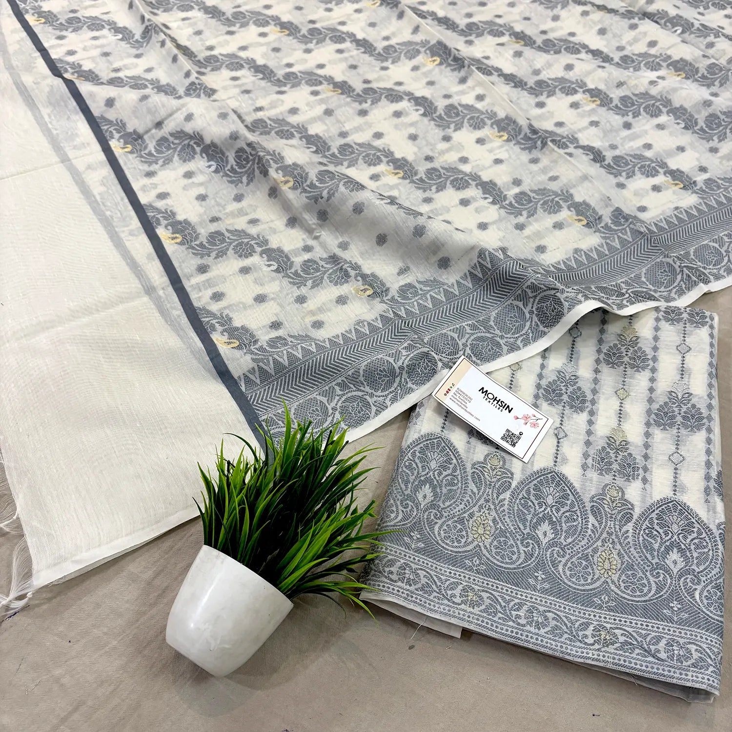 White Resham Zari Banarasi Silk Suit