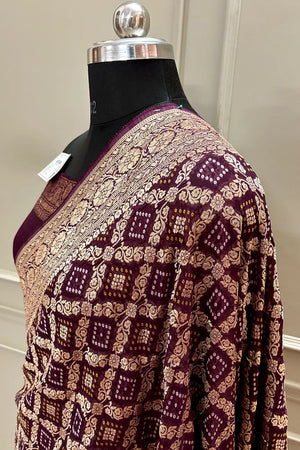 Wine Bandhej Georgette Silk Banarasi Saree