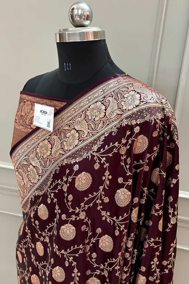 Wine Churmuri Jaal Katan Silk Banarasi Saree