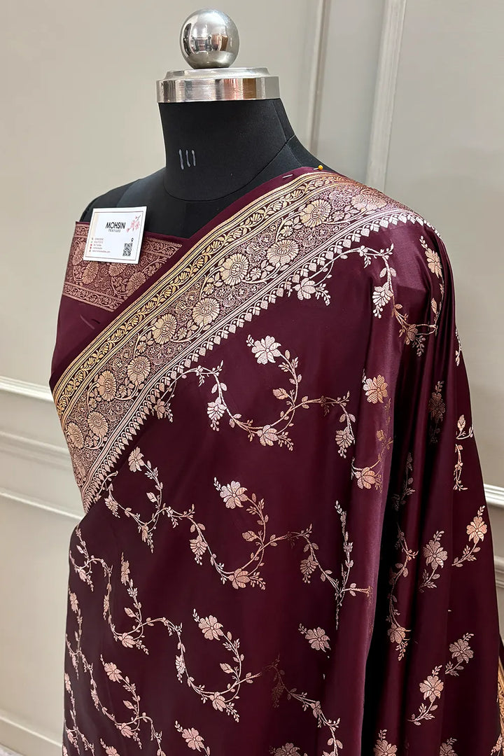 Wine Jhadi Jaal Katan Silk Banarasi Saree