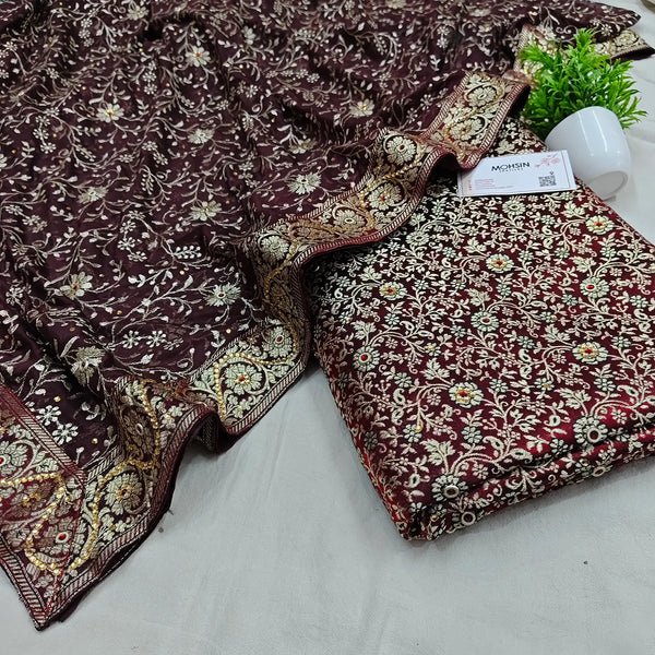 Wine Stone Work Kimkhab Silk Banarasi Gharara