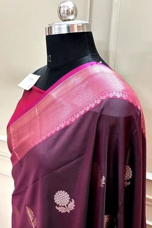 Wine and Pink Golden Zari Banarasi Silk Saree