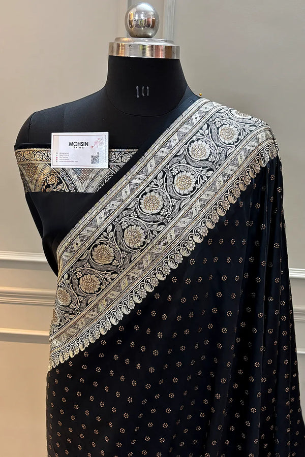 Black Plain Swaroski Stone Katan Silk Banarasi Saree