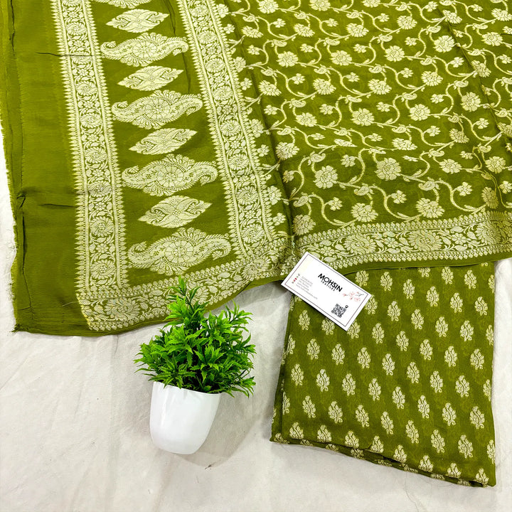 Mehendi Jaguar Shahi Georgette Silk Banarasi Suit