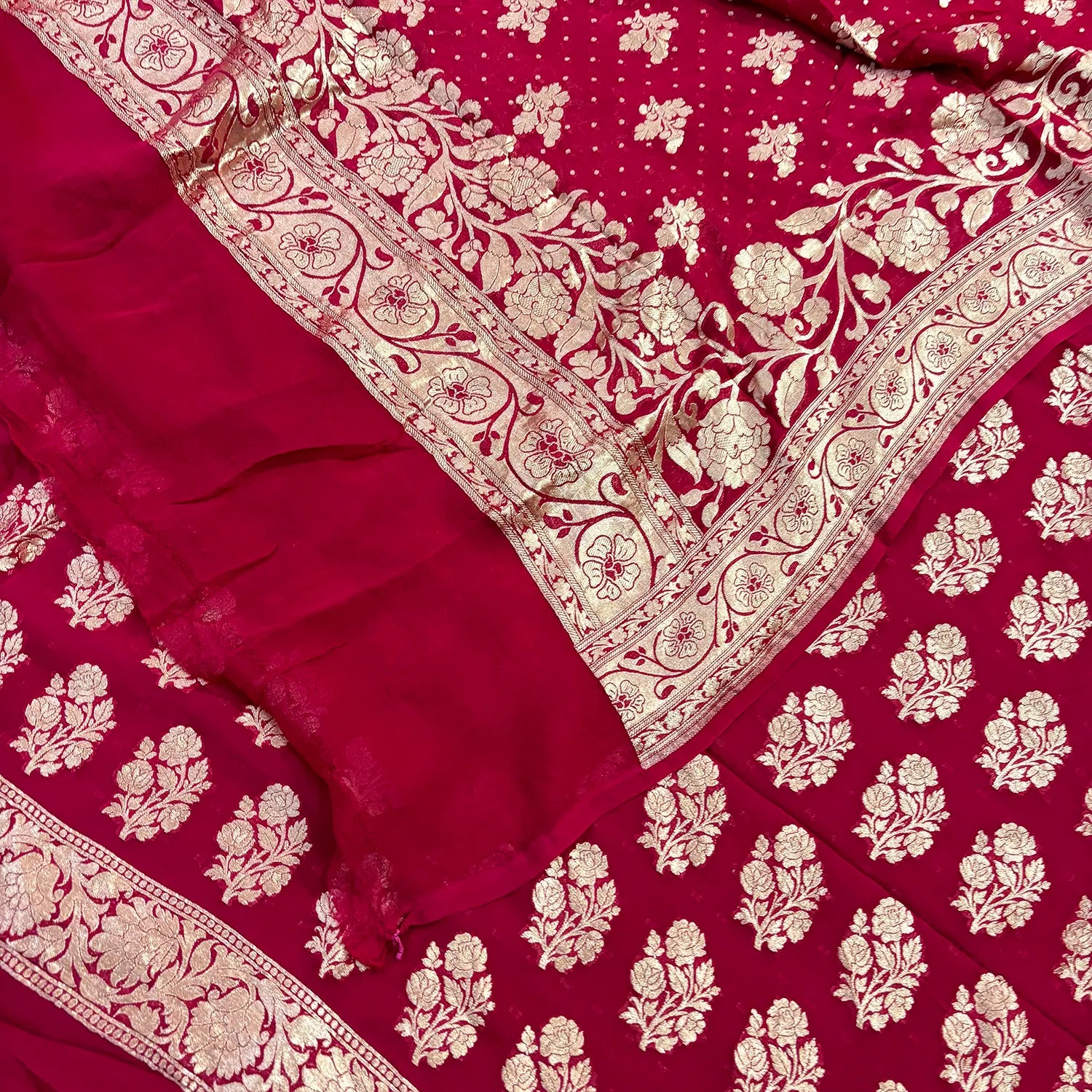 Pinkish Red Guldasta Pure Georgette Silk Banarasi Suit