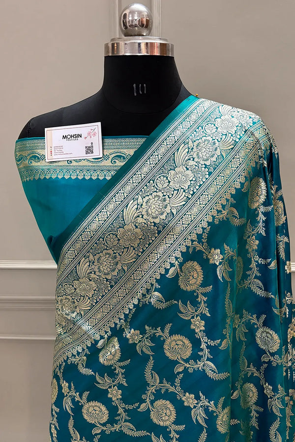 Teal Shahanshahi Jaal Katan Silk Banarasi Saree