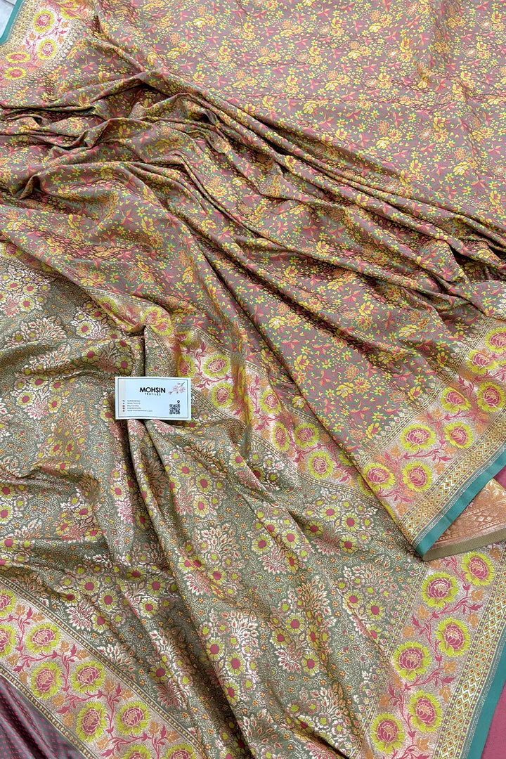 Turquoise and Grey Jungli Jaal Katan Silk Banarasi Saree