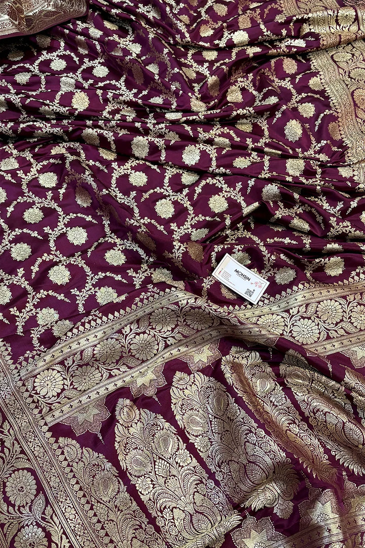 Wine Murmuri Jaal Katan Silk Banarasi Saree