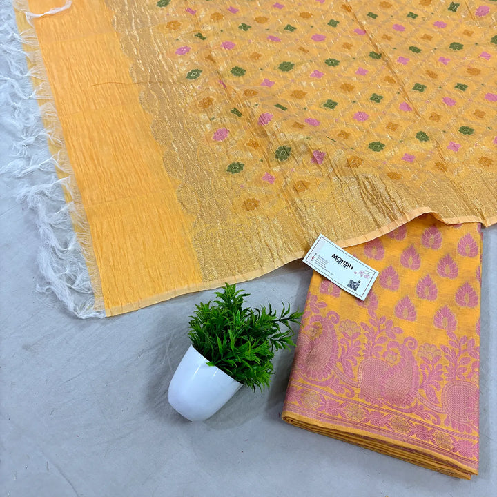 Yellow Kaccha Patta Crush Cotton Silk Banarasi Suit