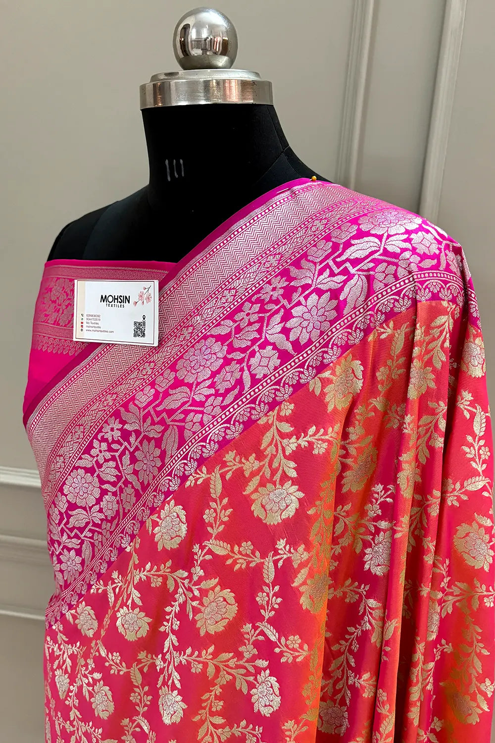Peach and Pink Maharani Jaal Crepe Silk Banarasi Saree
