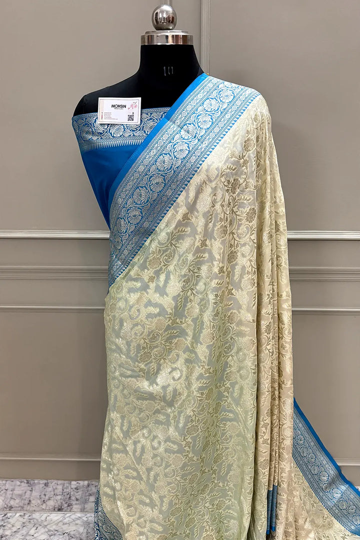 White and Blue Gulabi Jaal Katan Silk Banarasi Saree