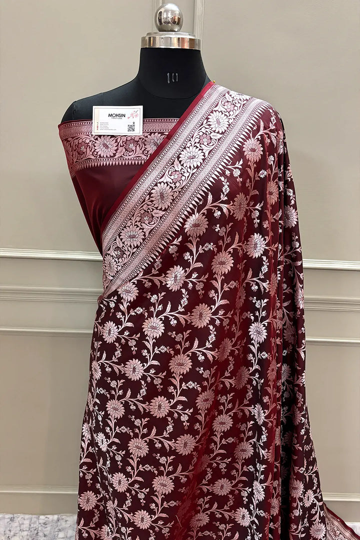 Wine Ganga Jamuna Crepe Silk Banarasi Saree