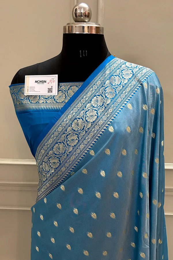 Firozi and Blue Rudraksha Buti Katan Silk Banarasi Saree