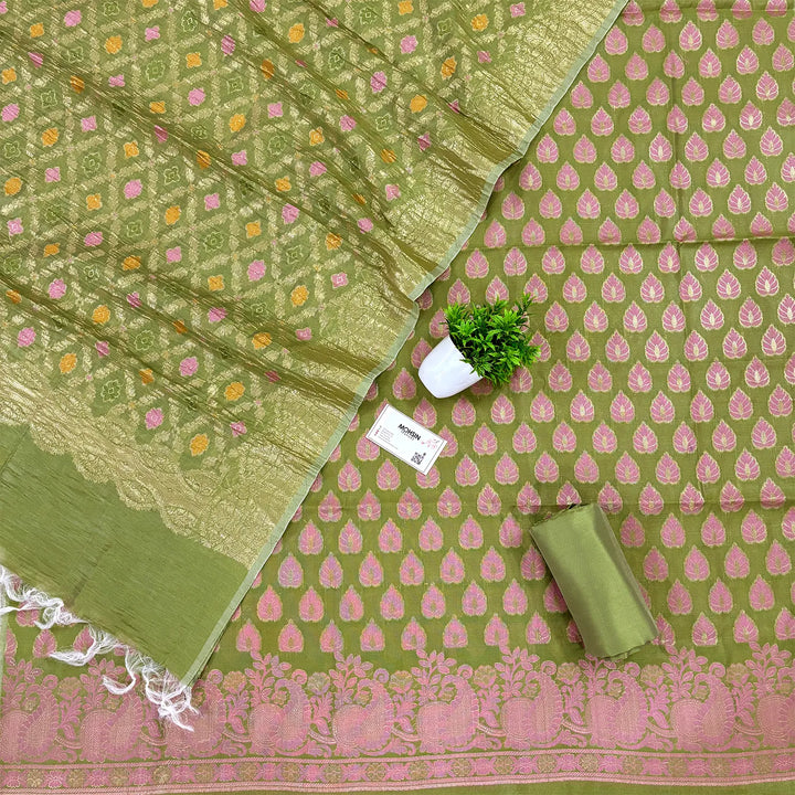 Mehendi Kaccha Patta Crush Cotton Silk Banarasi Suit