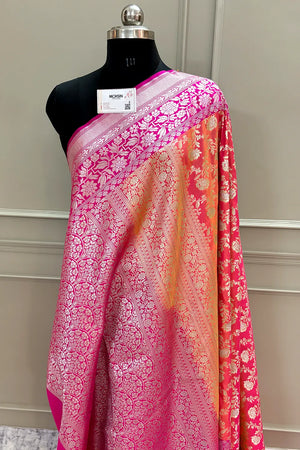 Peach and Pink Maharani Jaal Crepe Silk Banarasi Saree