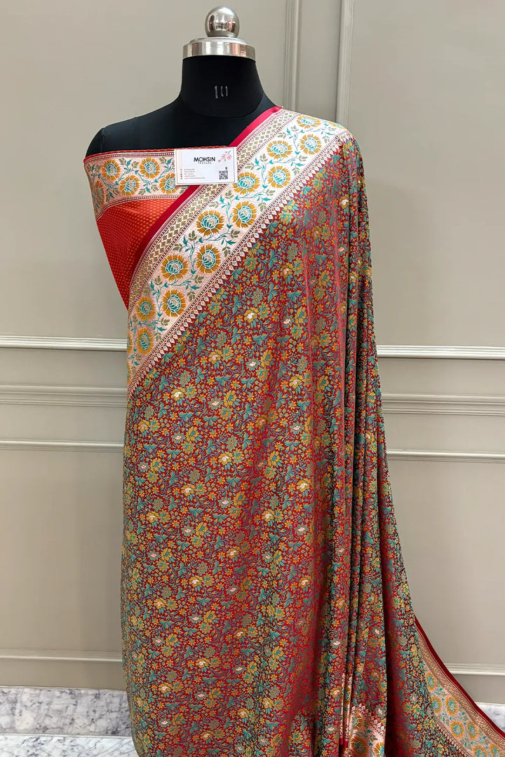 Red and Orange Jungli Jaal Katan Silk Banarasi Saree